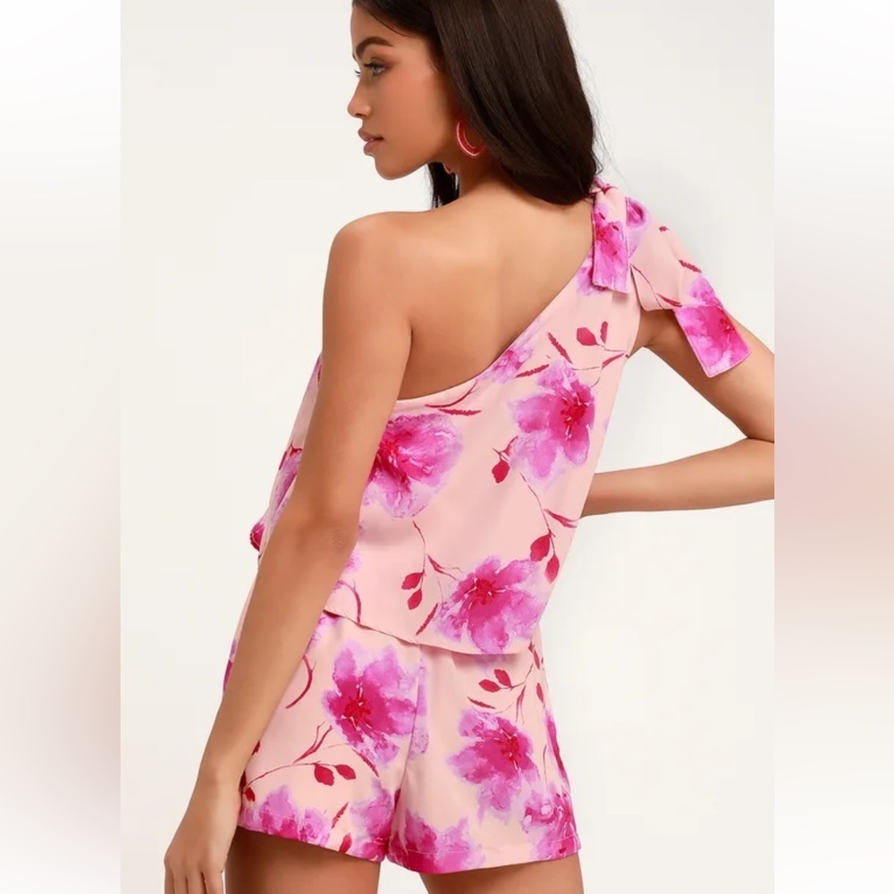 Lulus One-Shoulder Pink floral Romper XS - Picture 5 of 8